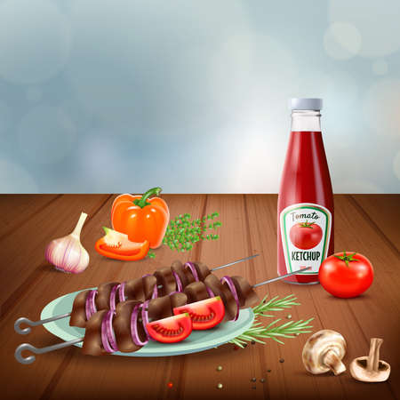 Delicious bbq grilled kebab served with vegetables mushrooms and ketchup realistic vector illustrationのイラスト素材