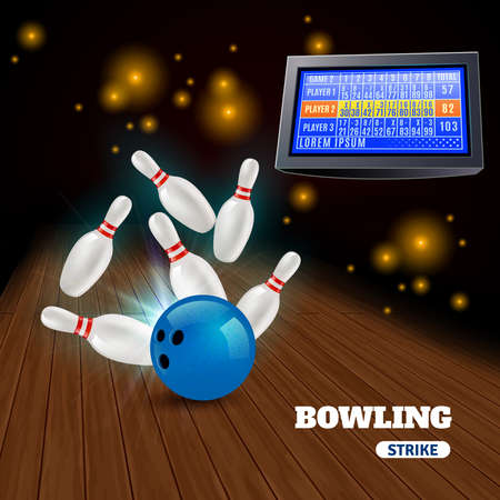Bowling strike 3d composition with hitting blue ball on pins and results on score board vector illustrationのイラスト素材