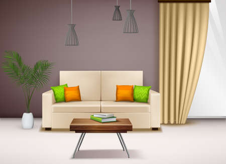 Modern comfortable beige love seat  with fancy bright pillows beautiful home interior decoration ideas realistic vector illustrationのイラスト素材
