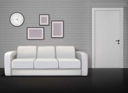 Monochrome home interior design with gray wall white coach black floor contemporary and vintage realistic vector illustrationのイラスト素材