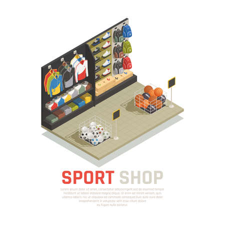 Sport shop isometric composition shelves with back packs clothing and shoes gaming equipment vector illustrationのイラスト素材