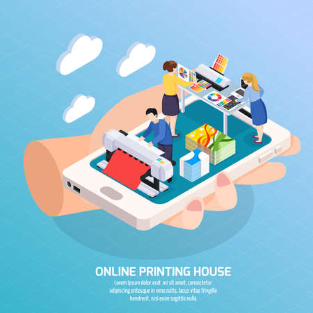 Advertising agency online isometric composition with printing house on smartphone screen in human hand poster vector illustrationのイラスト素材