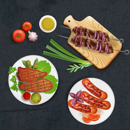 Delicious bbq dishes cooked on grill with sauce and vegetables realistic vector illustrationのイラスト素材