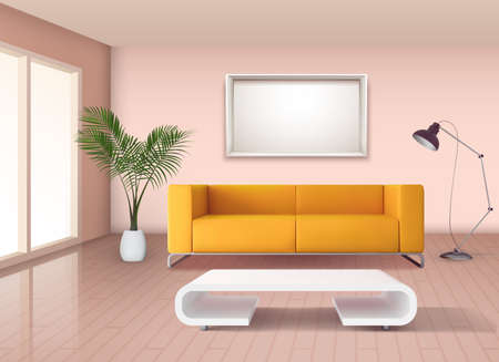 Modern minimalist style living room interior  with corn yellow sofa and white fancy coffee table vector illustrationのイラスト素材