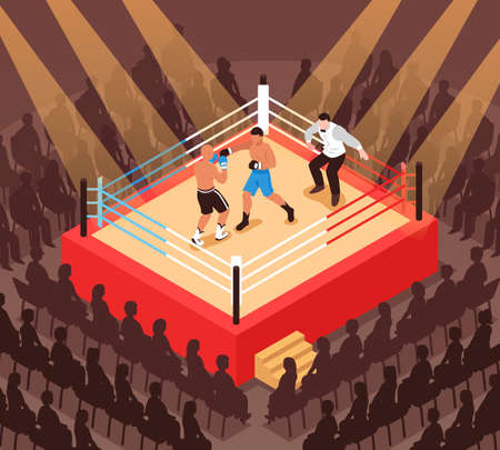 Referee and fighters during boxing match on ring and silhouettes of spectators isometric vector illustrationのイラスト素材