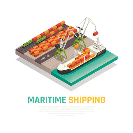 Maritime shipping isometric composition  illustrating cargo loading to barge in seaport   vector illustrationのイラスト素材