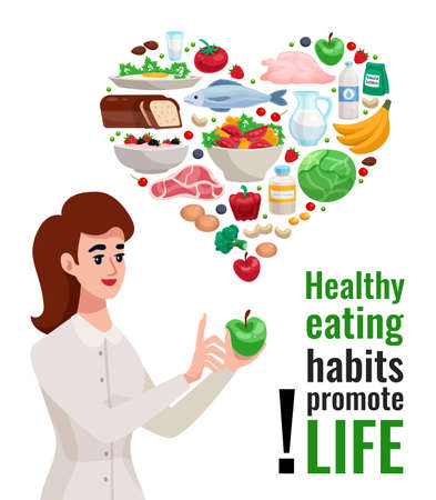 Healthy eating advertising poster with young woman holding green apple and useful food icons in heart form cartoon vector illustrationのイラスト素材