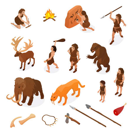 Primitive people life isometric set with hunting weapons starting fire rock painting dinosaur mammoth isolated vector illustrationのイラスト素材