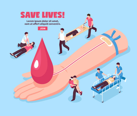 Blood donation isometric concept donor hand with red drop and injured persons on blue background vector illustrationのイラスト素材