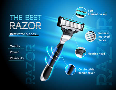 Realistic razor with five blades and floating head advertising poster on gradient blue background vector illustrationのイラスト素材