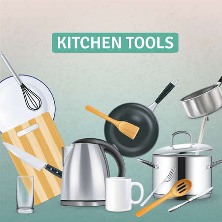 Realistic kitchen supplies with electric kettle and wooden tools on grey textured background vector illustrationのイラスト素材