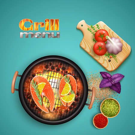 Bbq salmon cooked on grill with lemon and herbs on blue background realistic vector illustrationのイラスト素材