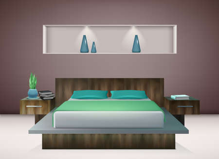 Contemporary bedroom interior with bedding in shades of emerald and aquamarine green wall decorations realistic vector illustrationのイラスト素材