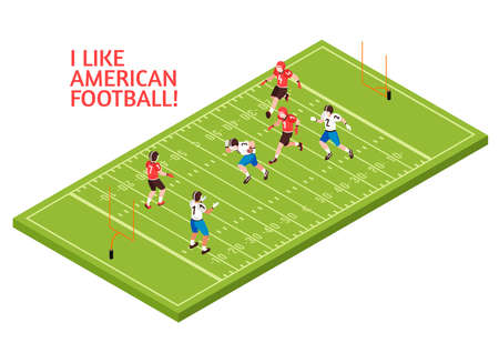 Teams of players during american football match on green play field isometric vector illustrationのイラスト素材