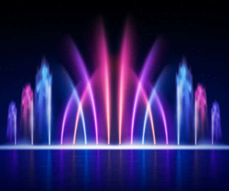 Large multi colored decorative dancing water jet led light fountain show at night realistic image vector illustrationのイラスト素材