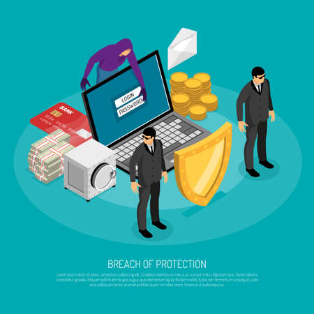 Breach of protection isometric concept with fraud hacking computer 3d vector illustrationのイラスト素材
