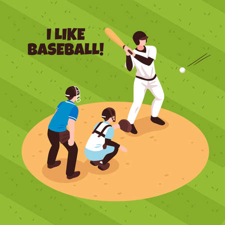 Players and referee during baseball match on game field background isometric vector illustrationのイラスト素材