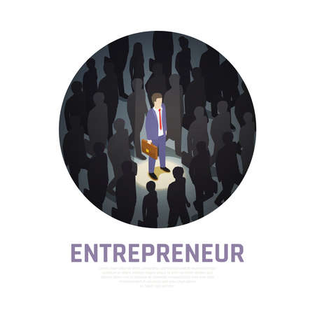 Entrepreneur concept isometric composition illuminated business man with briefcase and surrounding silhouettes of people vector illustrationのイラスト素材