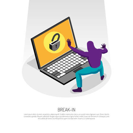 Isometric concept with hacker trying to hack into laptop 3d vector illustrationのイラスト素材