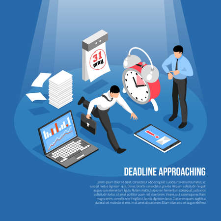 Deadline approaching concept with alarm clock calendar laptop and hurrying men 3d isometric vector illustrationのイラスト素材