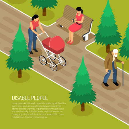 Disabled elderly man with walking cane and two women in park 3d isometric vector illustrationのイラスト素材