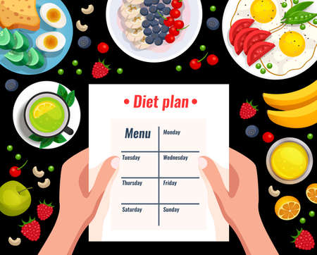 Diet plan cartoon vector illustration with different useful dishes and menu sheet in woman handsのイラスト素材