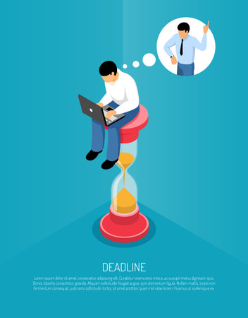 Isometric concept with sand clock and man working on computer and thinking about deadline 3d vector illustrationのイラスト素材
