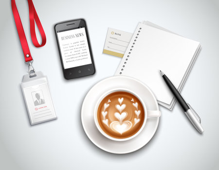 Work place top view with cappuccino smart phone and stationery on light background realistic vector illustrationのイラスト素材