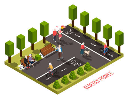 Elderly people nursing home outdoor recreation area isometric composition with residents cycling walking dog reading vector illustrationのイラスト素材