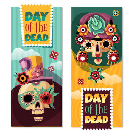 Dead day 2 colorful decorative vertical banners set with funny ornamented with flowers sculls isolated vector illustrationのイラスト素材