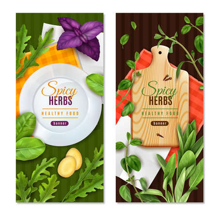 Herbs leafy salad greens spices 2 realistic healthy food banners with basil thyme spinach isolated vector illustrationのイラスト素材