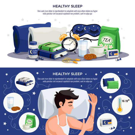 Healthy sleep horizontal banners with young man sleeping on orthopedic pillow soothing tea mask books with recommendations for healthy lifestyle vector illustrationのイラスト素材