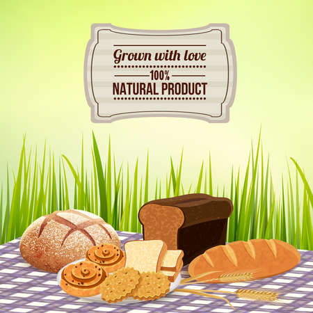 Bread background with homemade natural product symbols flat vector illustrationのイラスト素材