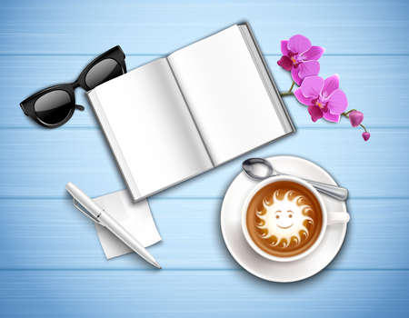 Work place top view with cappuccino sun glasses and orchid on textured blue background realistic vector illustrationのイラスト素材