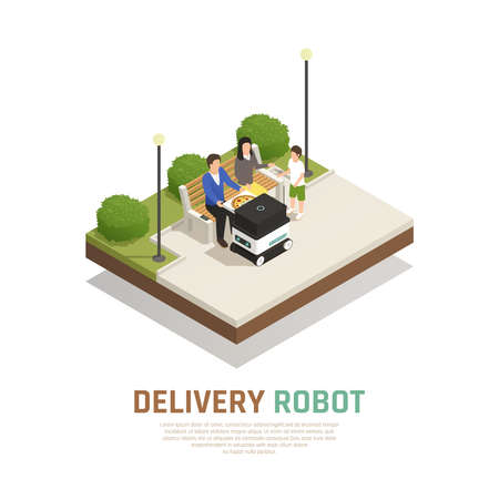 Delivery pizza by driverless robotic transport for family staying at outdoor isometric composition vector illustrationのイラスト素材