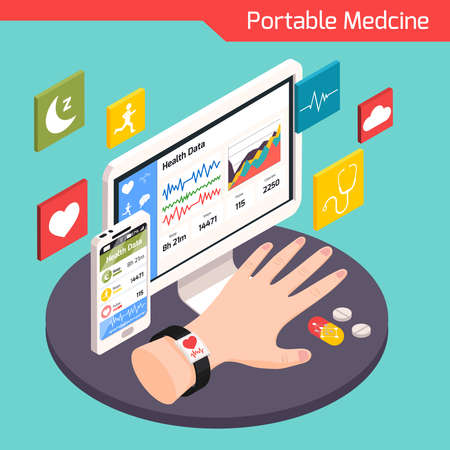 Modern medical technology isometric composition with smart electronic portable devices connected to virtual health care system vector illustrationのイラスト素材