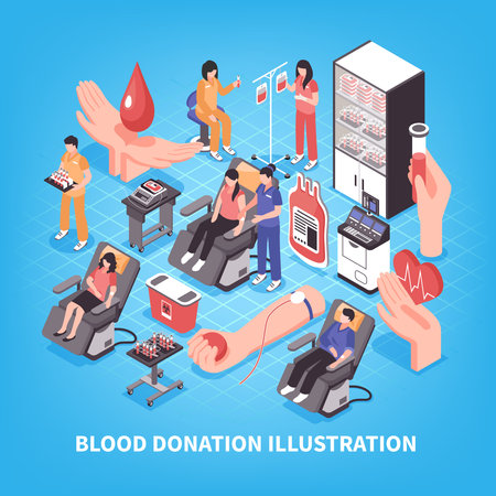 Donation and blood bank medical staff and equipment on blue background isometric vector illustrationのイラスト素材