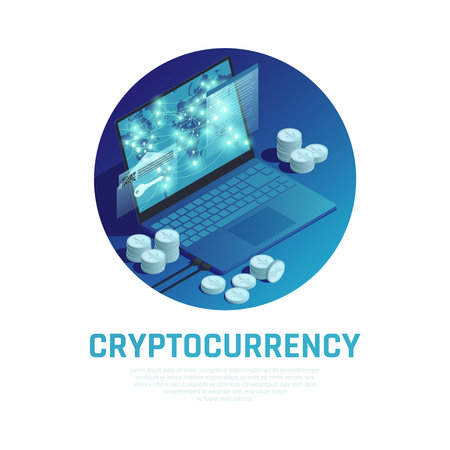 Cryptocurrency blue round composition with bitcoin stacks and blockchain technology on laptop screen isometric vector illustrationのイラスト素材