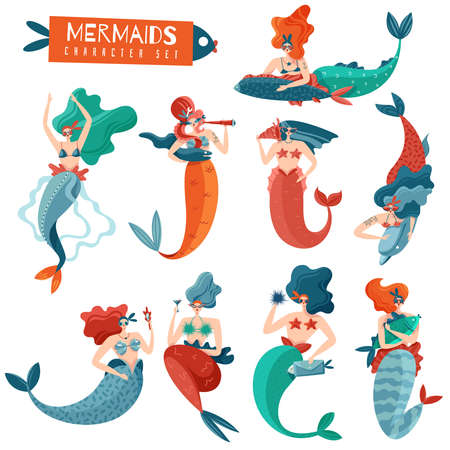 Funny bright mermaids set of fairy characters during various actions isolated flat vector illustrationのイラスト素材