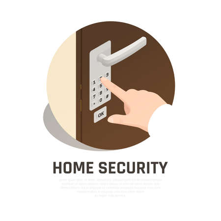 Home security round composition with human hand hand dialing lock code on front door isometric vector illustrationのイラスト素材