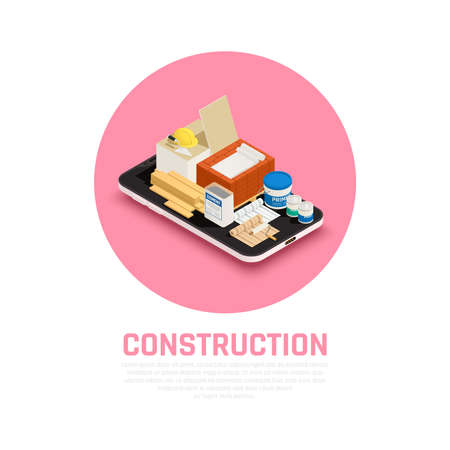 Construction industry concept with building and repairs equipment isometric vector illustrationのイラスト素材