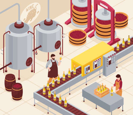 Wine manufacturing with pressing of grapes bottling conveyor and aging of drink in barrels isometric vector illustrationのイラスト素材