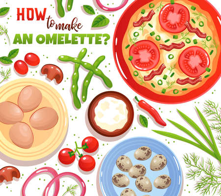 Baking of omelette with ingredients eggs vegetables mushrooms and greenery on white background flat...