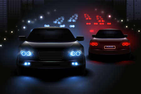 Car led lights realistic composition with view of night road and silhouettes of automobile traffic lights vector illustrationのイラスト素材