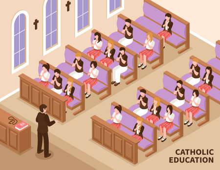 Catholic religious education priest and children during praying in church isometric vector illustrationのイラスト素材