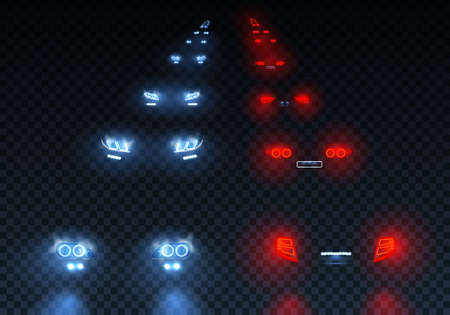 Cars flares traffic road lights set with low beam passing lights with reflections on transparent background vector illustrationのイラスト素材
