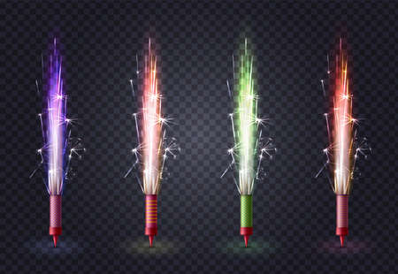 Realistic fireworks colored set with four isolated images of sparkler bengal light sticks on transparent background vector illustrationのイラスト素材