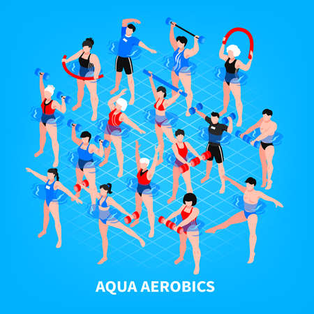 Aqua aerobics isometric composition on blue background men and women with sport equipment during training vector illustrationのイラスト素材