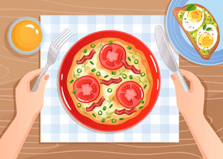 Hands with cutlery over scrambled eggs with tomatoes and bacon on wooden table background flat vector illustrationのイラスト素材