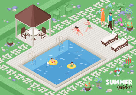 Landscape design poster with summer garden symbols isometric  vector illustrationのイラスト素材